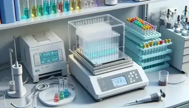 Laboratorio di ricerca scientifica con camera di elettroforesi, pipetta automatica, bilancia analitica e provette colorate su supporto metallico.