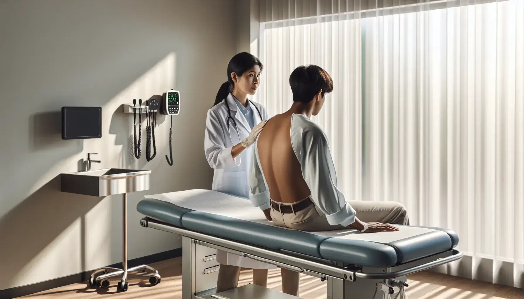 Sala de examen médico con doctora y paciente preparándose para revisión, mesa de exploración azul, monitor de signos vitales y luz natural.