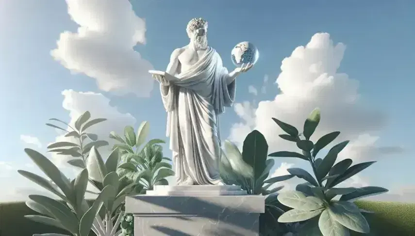 Statua in marmo bianco di filosofo con toga e globo celeste in mano, gesto didattico, su piedistallo in giardino con piante verdi e cielo azzurro.