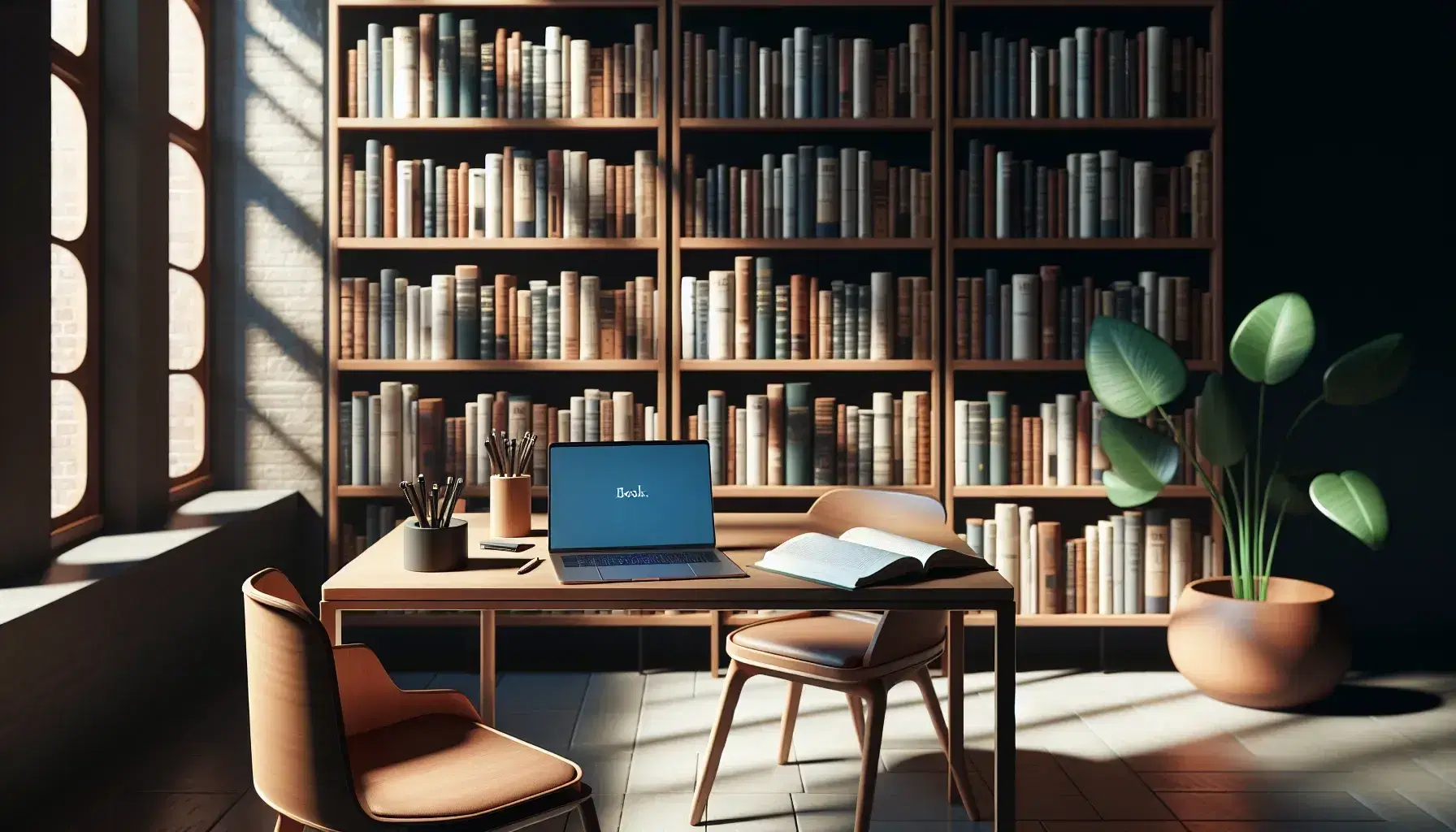 Biblioteca acogedora con estantes de madera llenos de libros, mesa con portátil abierto y cuaderno, luz natural y planta verde.