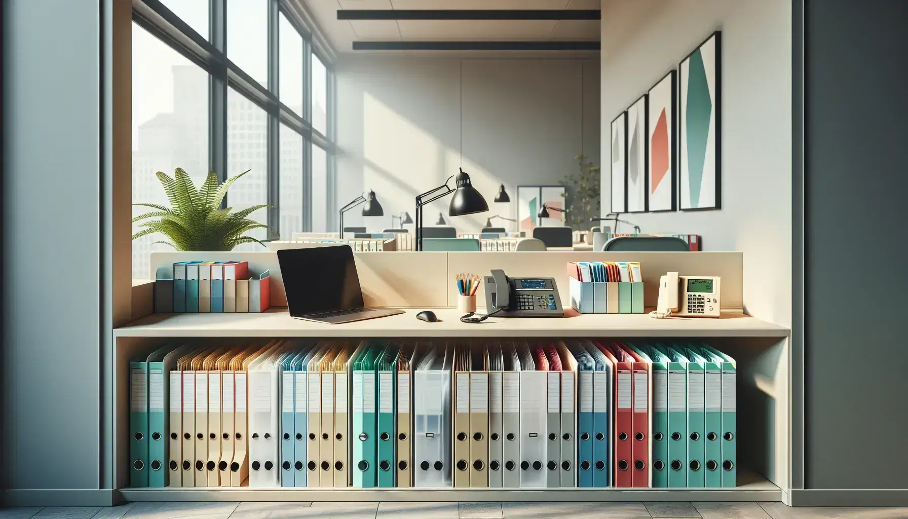 Oficina moderna y luminosa con escritorio amplio y carpetas de colores, bandeja organizadora, portátil y teléfono, junto a ventana y planta decorativa.