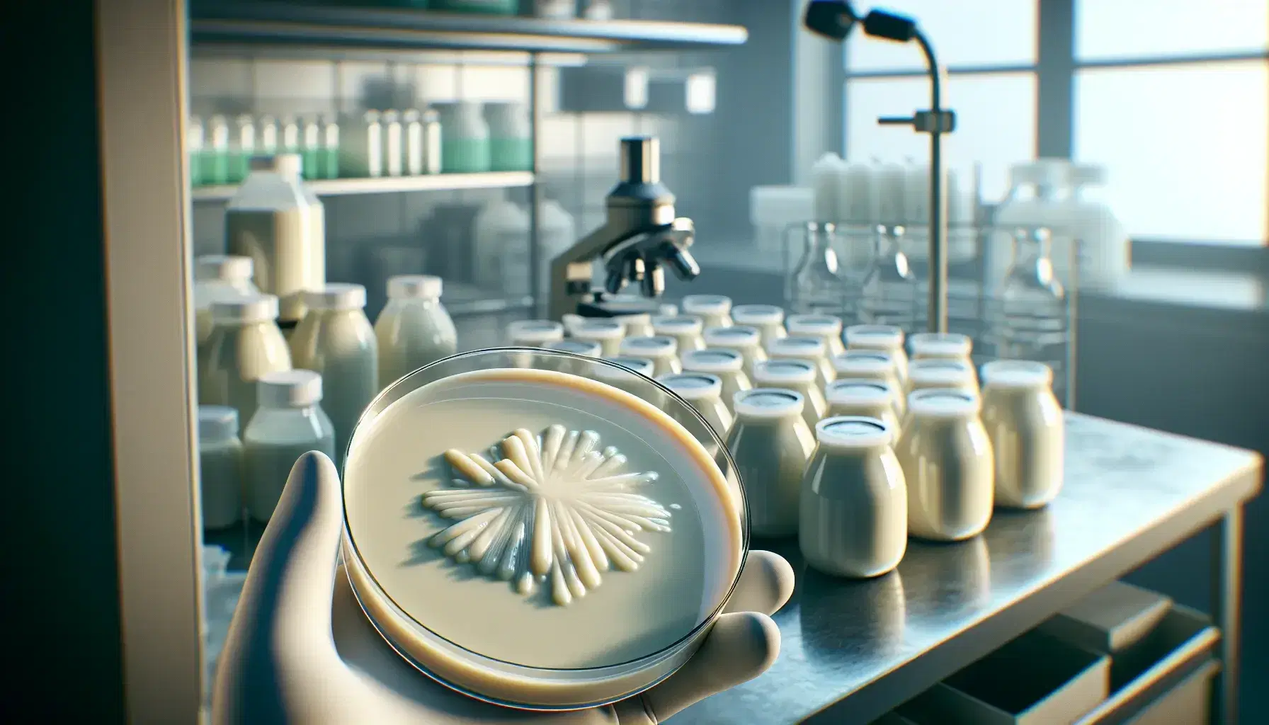 Close-up view of a petri dish with Bifidobacterium colonies surrounded by open yogurt containers in a lab setting with soft lighting.