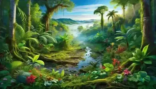 Mesoamerican rainforest with river, tropical plants, mossy trees, foggy hills, blue sky, scarlet macaw and coatimundi.