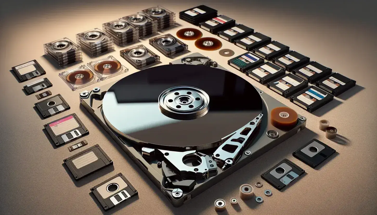 Partially disassembled hard drive with shiny platter and reading arm, magnetic tape cartridges and stack of colored floppy disks on neutral surface.