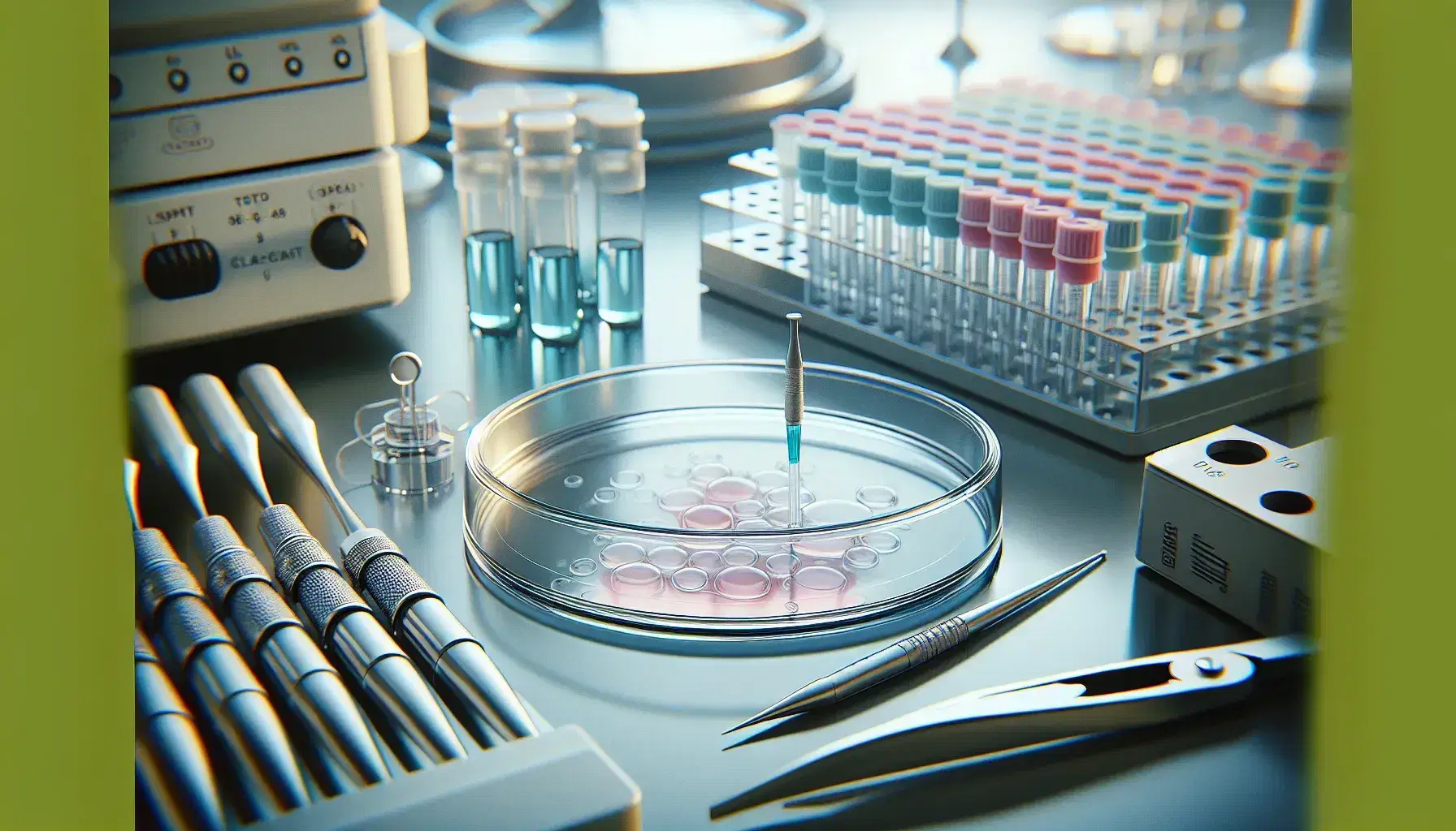 Close-up of a laboratory bench with pink gel electrophoresis plate, pipette with liquid and tweezers next to open microcentrifuge.