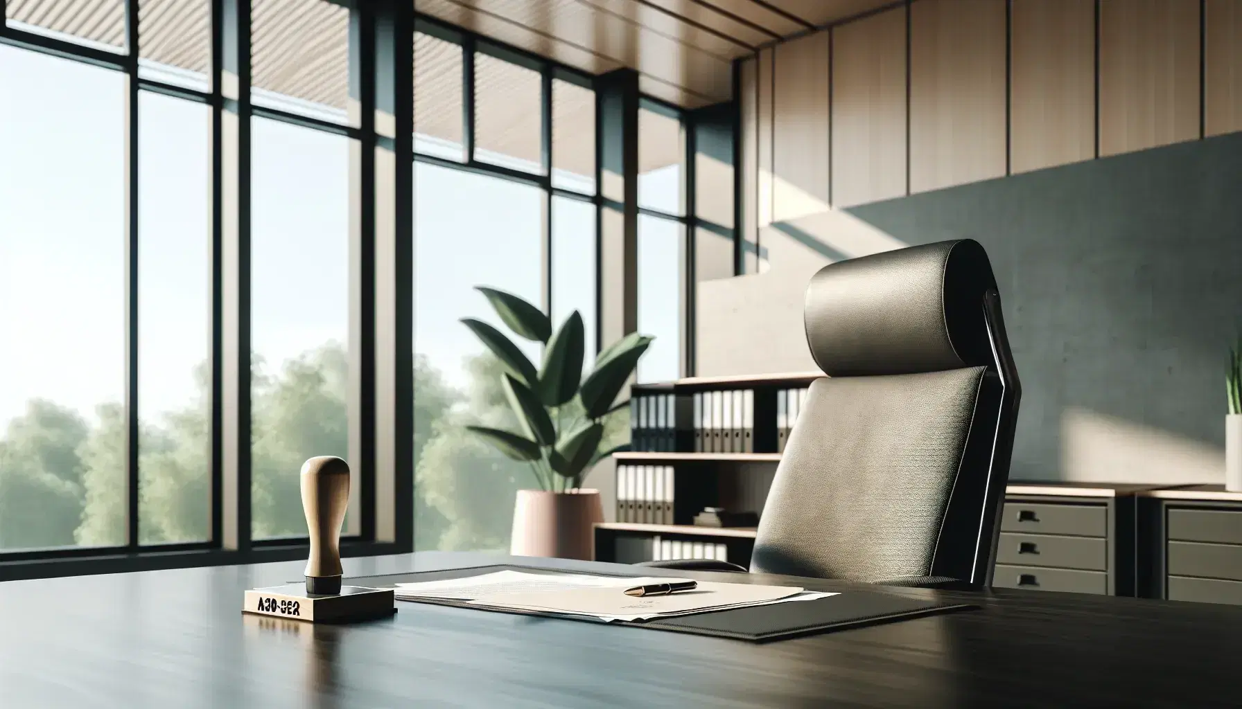Oficina gubernamental iluminada con mesa de madera, sello y documentos apilados, silla ergonómica y ventana con vista a árboles.