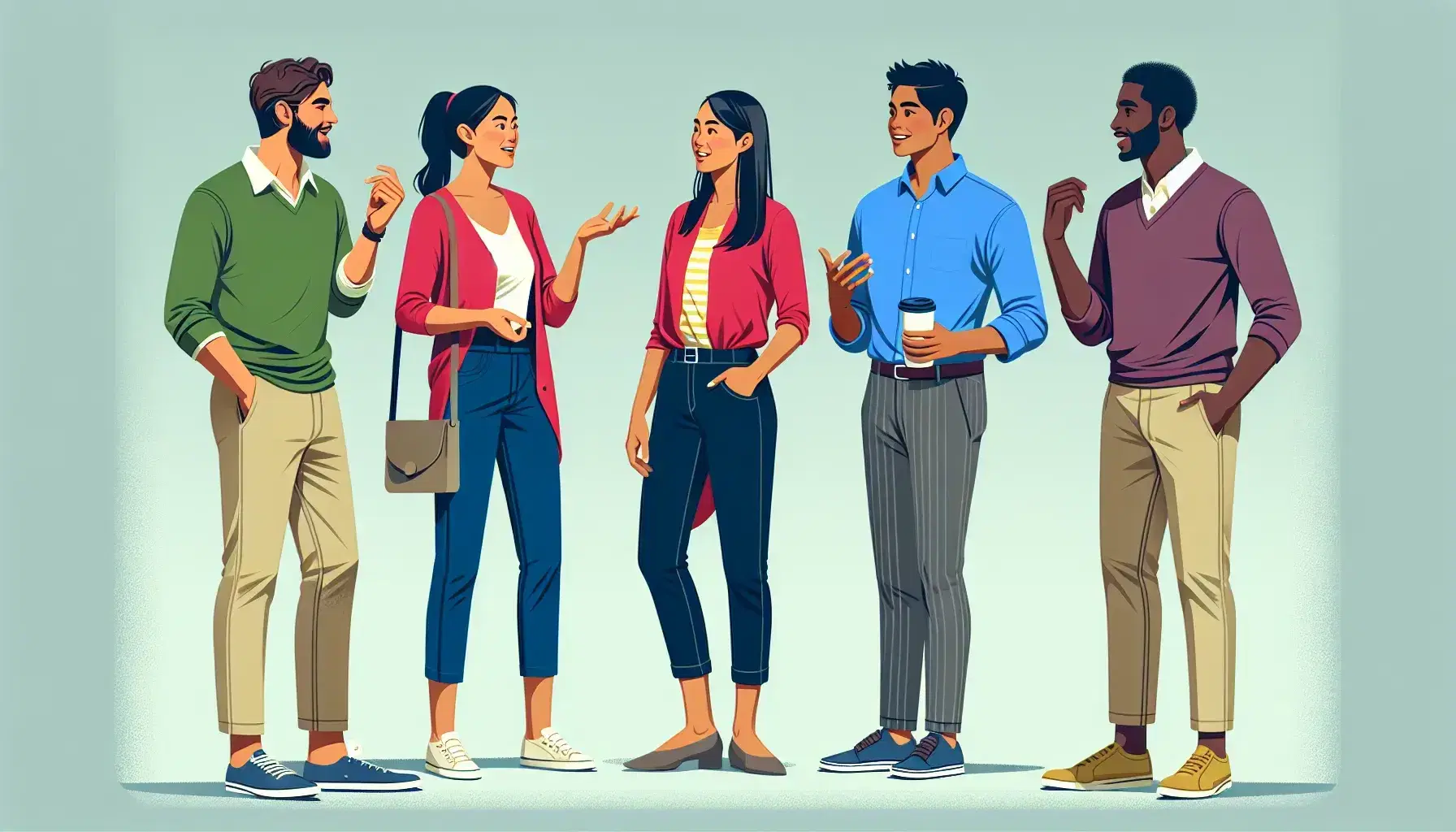 Diverse group of six people in casual attire engaged in animated conversation outdoors on a sunny day, reflecting a multicultural interaction.
