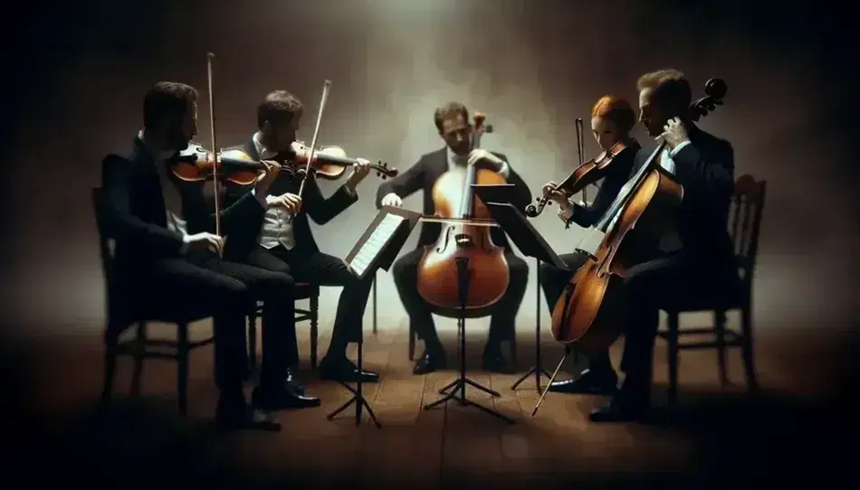Quartetto d'archi in azione con due violini, una viola e un violoncello, musicisti eleganti su sedie di legno in semicerchio.
