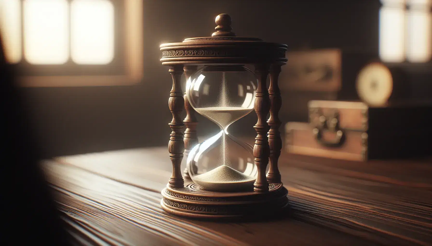 Reloj de arena antiguo con marco de madera tallada y arena fina fluyendo, sobre superficie de madera oscura y fondo neutro desenfocado.