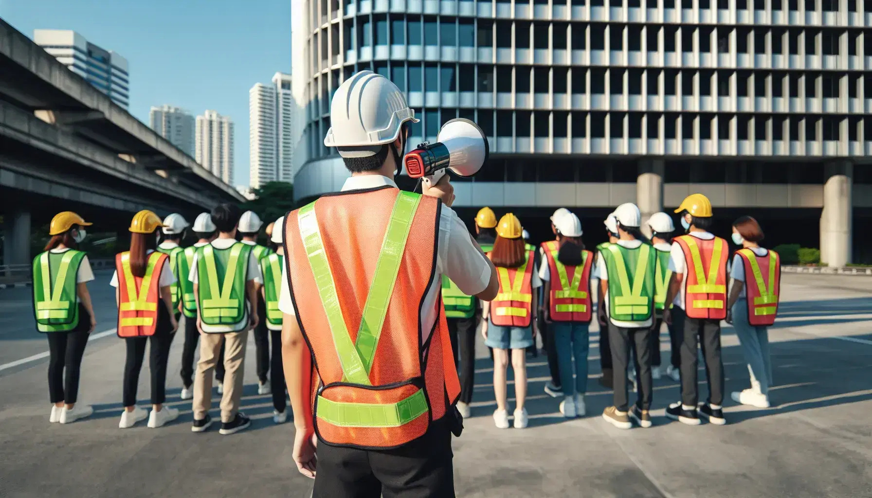 Ejercicio de evacuación con persona usando chaleco naranja y casco de seguridad dirigiendo con megáfono a grupo en chalecos reflectantes verdes y amarillos frente a edificio.