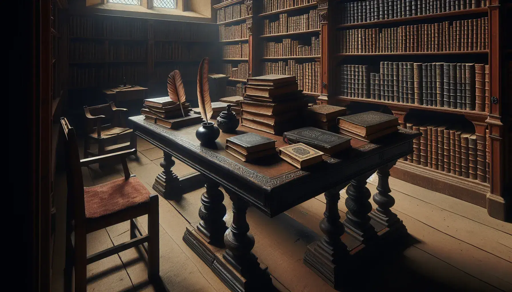 Biblioteca medieval con mesa de madera oscura y libros antiguos, tintero con pluma y estanterías repletas, junto a figura en túnica marrón y silla con cojín rojo.
