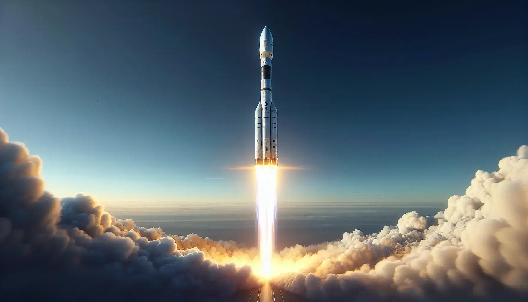 Rocket launching into a clear blue sky with a fiery plume at the base, white with black and orange stripes, and a smoke trail behind.