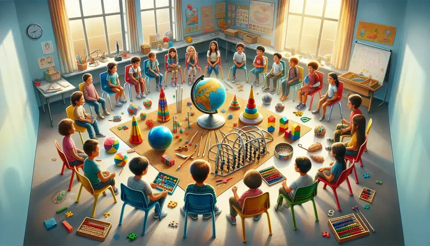 Bambini e adolescenti di diverse etnie seduti in cerchio in aula luminosa interagiscono con oggetti didattici come globo, solidi geometrici e microscopio.