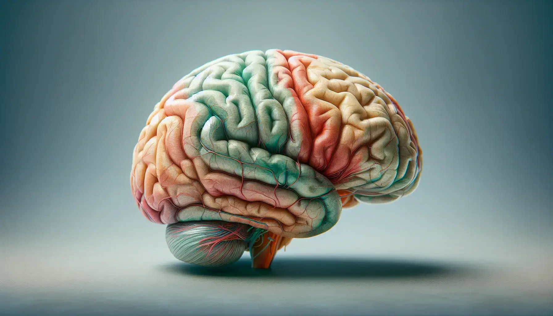 Sezione sagittale dettagliata di un cervello umano con aree colorate e figure stilizzate in legno che rappresentano persone in varie posture.
