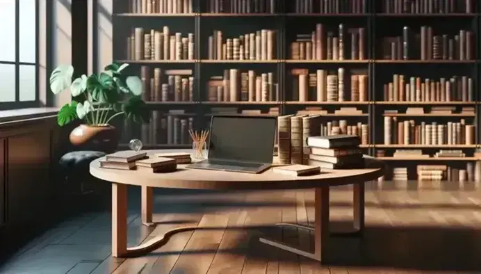 Biblioteca acogedora con estantes de madera oscura llenos de libros, mesa con laptop abierta, papeles y libros sin títulos visibles, lápiz, regla y planta verde.