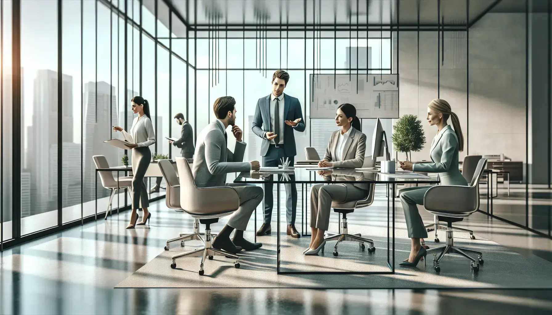 Professionals discuss around a glass table in a sunlit office with colleagues working and walking by, amidst a cityscape view and greenery.
