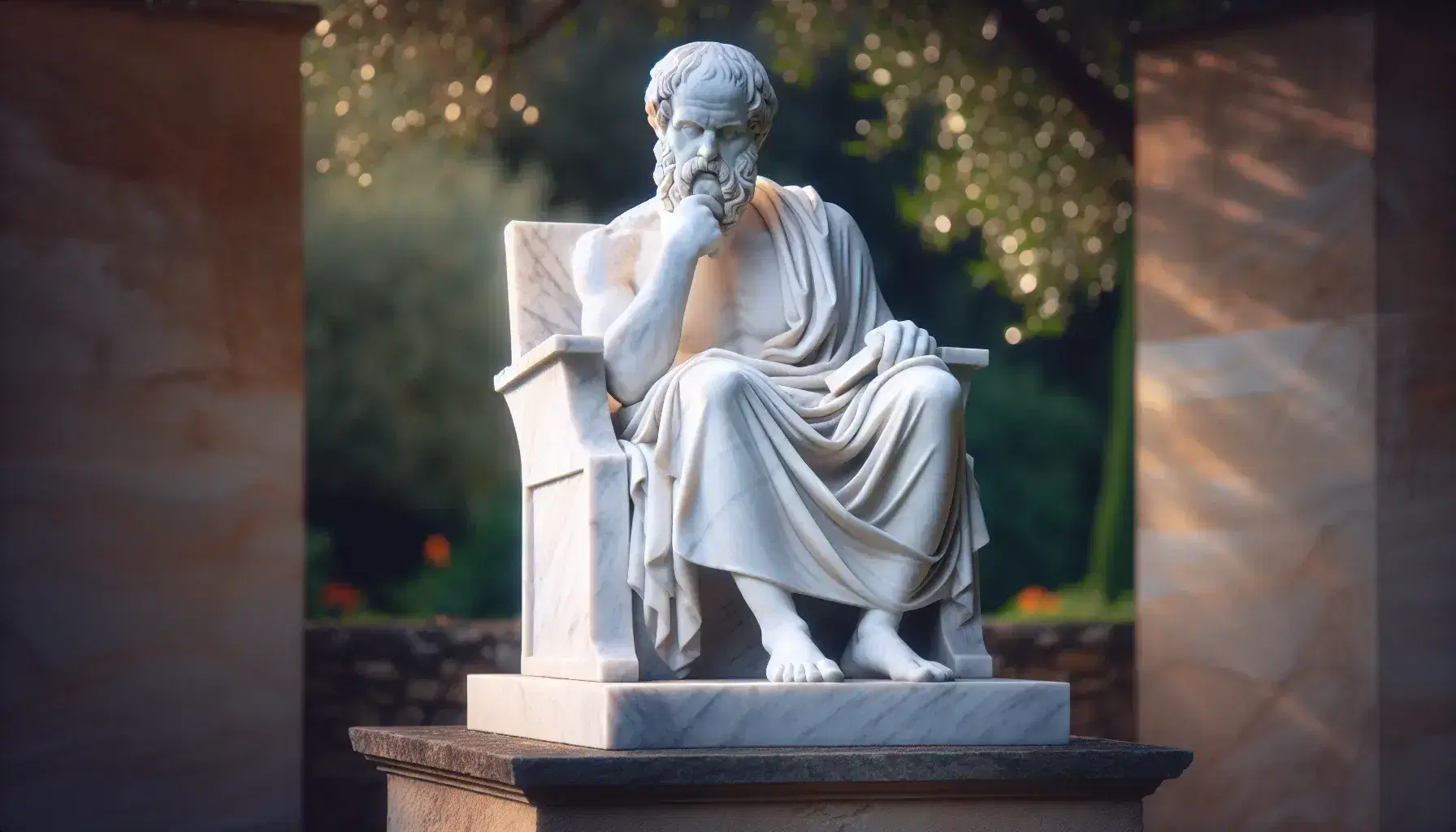 Escultura de mármol blanco de filósofo griego antiguo en pose meditativa, sentado con libro cerrado en un jardín, destacando detalles y texturas bajo luz natural.