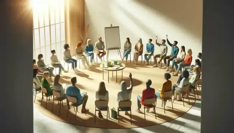 Grupo diverso de personas sentadas en semicírculo en una sala iluminada con luz natural, frente a pizarra blanca vacía, con mesa y objetos varios en primer plano.