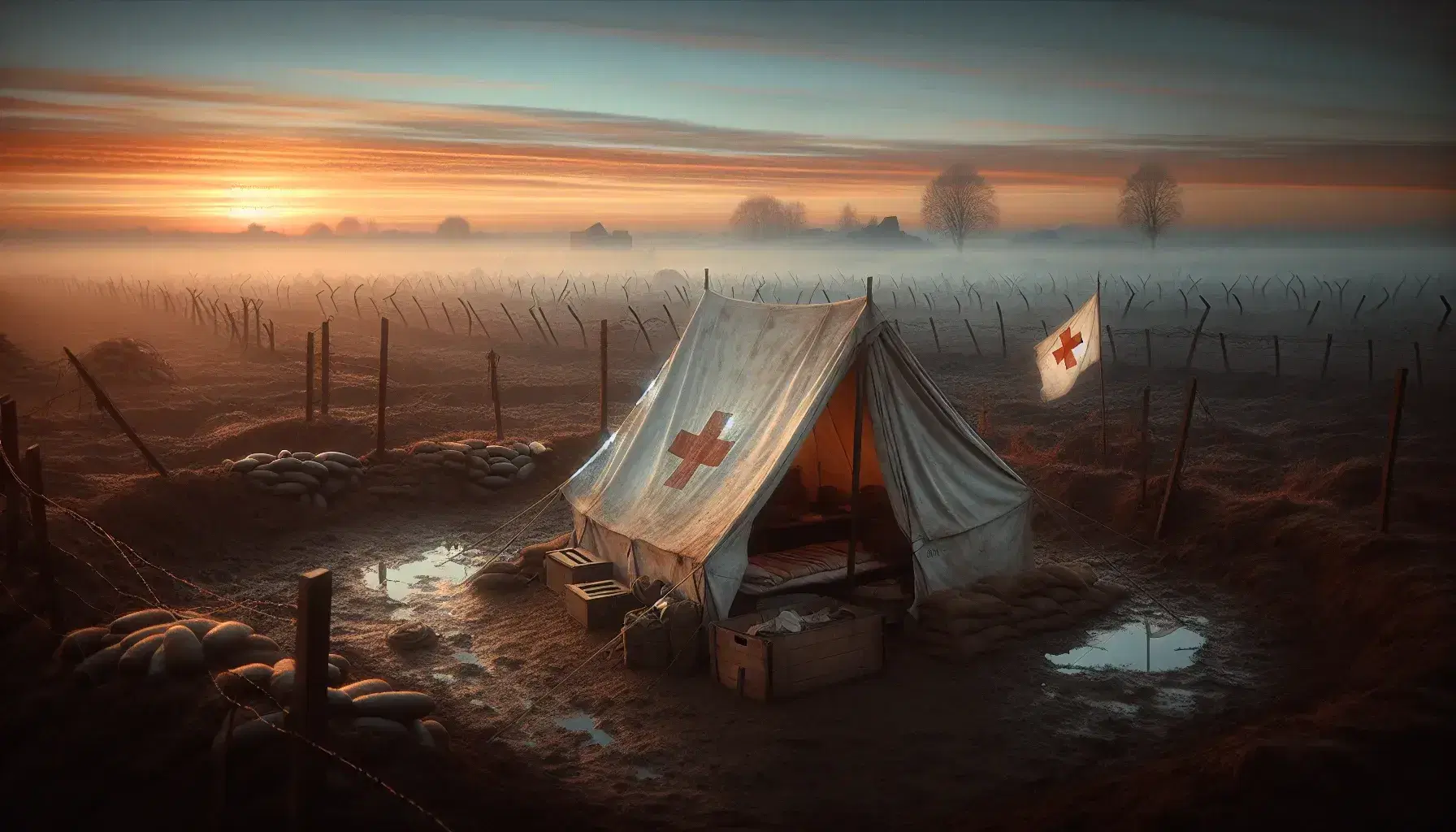 Dawn breaks over a WWI battlefield with a solitary medical tent, a red cross flag, and a desolate, cratered landscape under a gradient sky.