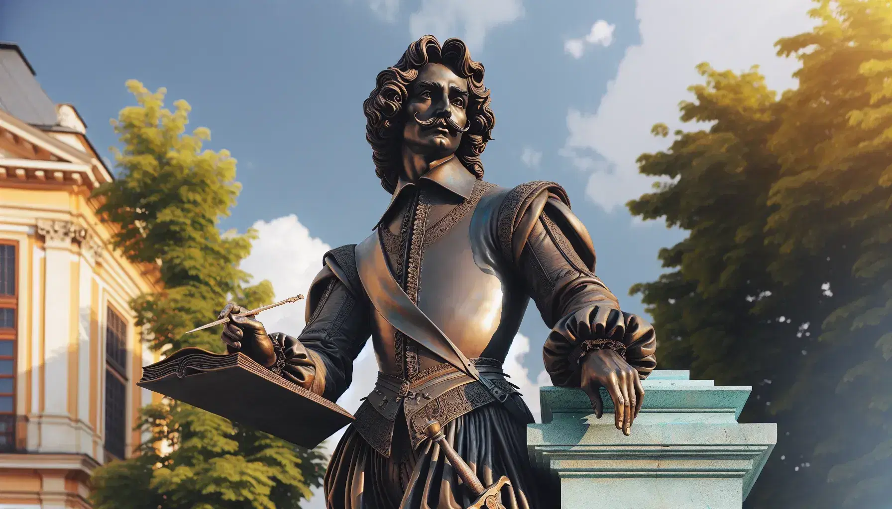 Estatua de bronce de hombre con vestimenta del siglo XVI o XVII, sosteniendo un libro y apoyado en una espada, sobre pedestal de piedra en parque.