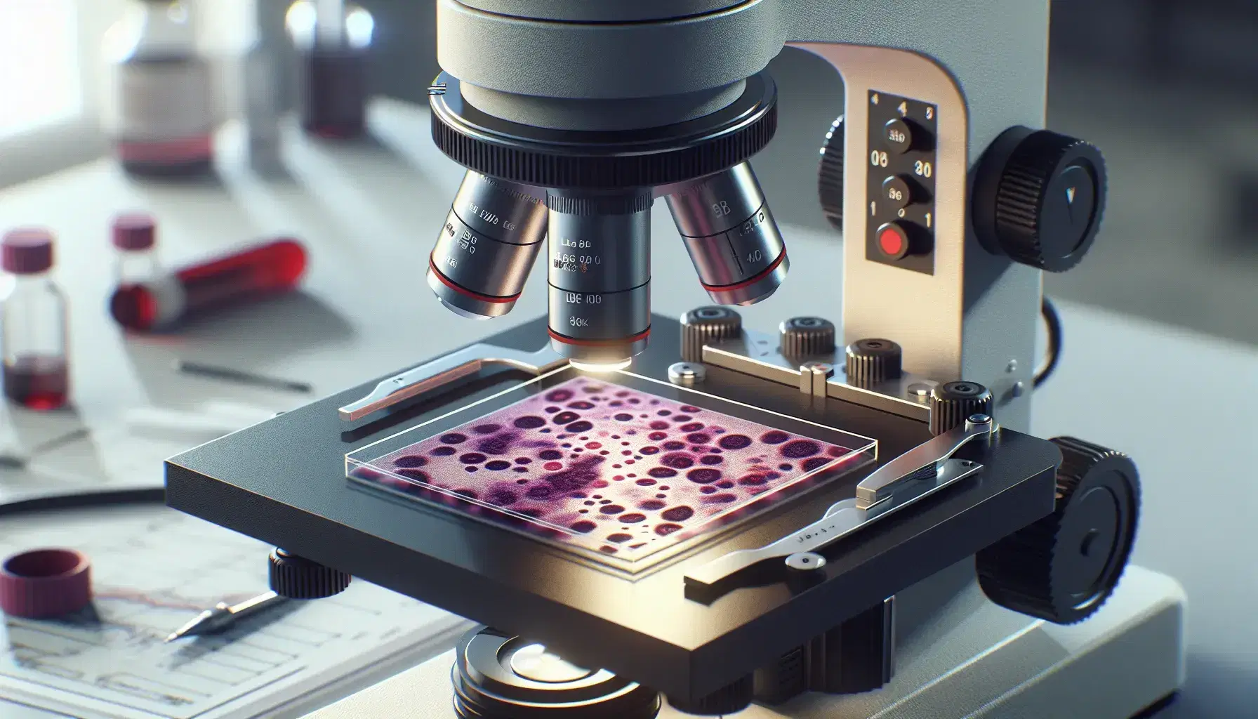 Vista cercana de un microscopio óptico con muestra de sangre extendida iluminada en portaobjetos, destacando células en tonos rojos y morados en un laboratorio difuso.