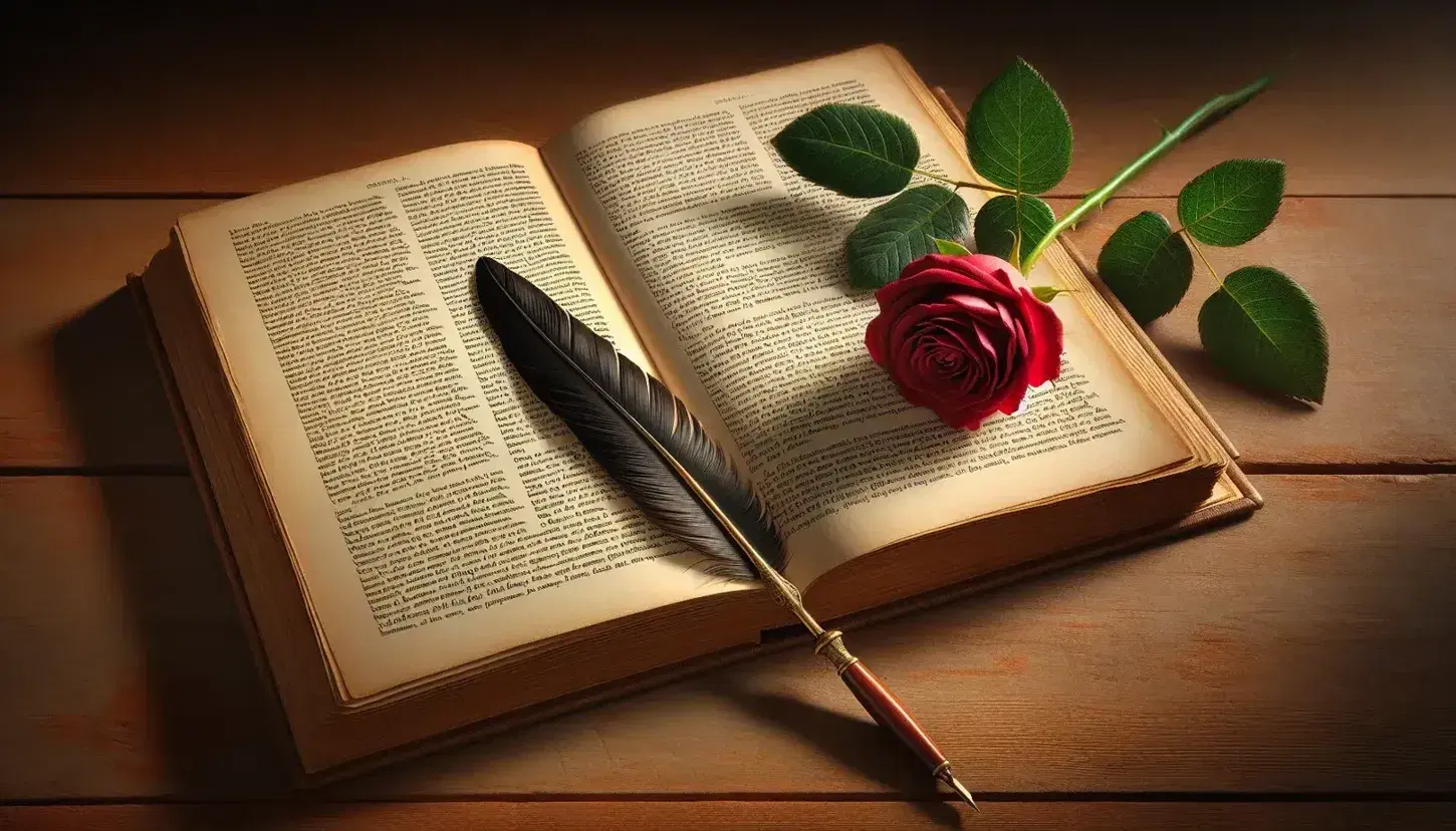 Close-up view of an open book with unidentifiable text, a glossy black quill pen, and a vibrant red rose on a wooden table, evoking a poetic ambiance.