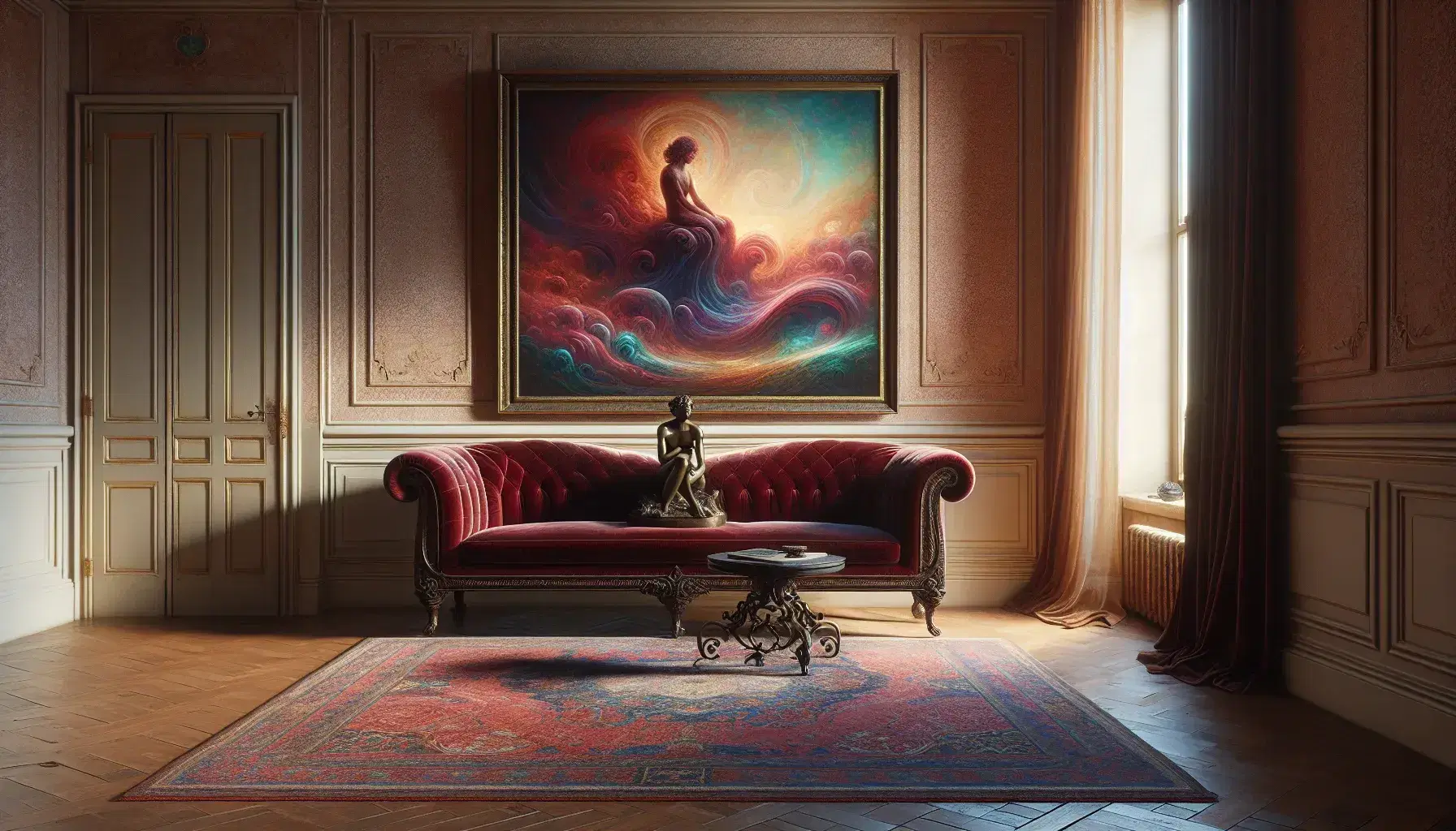 Divano antico in velluto rosso scuro in una stanza con pareti crema, quadro onirico incorniciato d'oro, statuetta bronzea pensierosa e tappeto persiano.