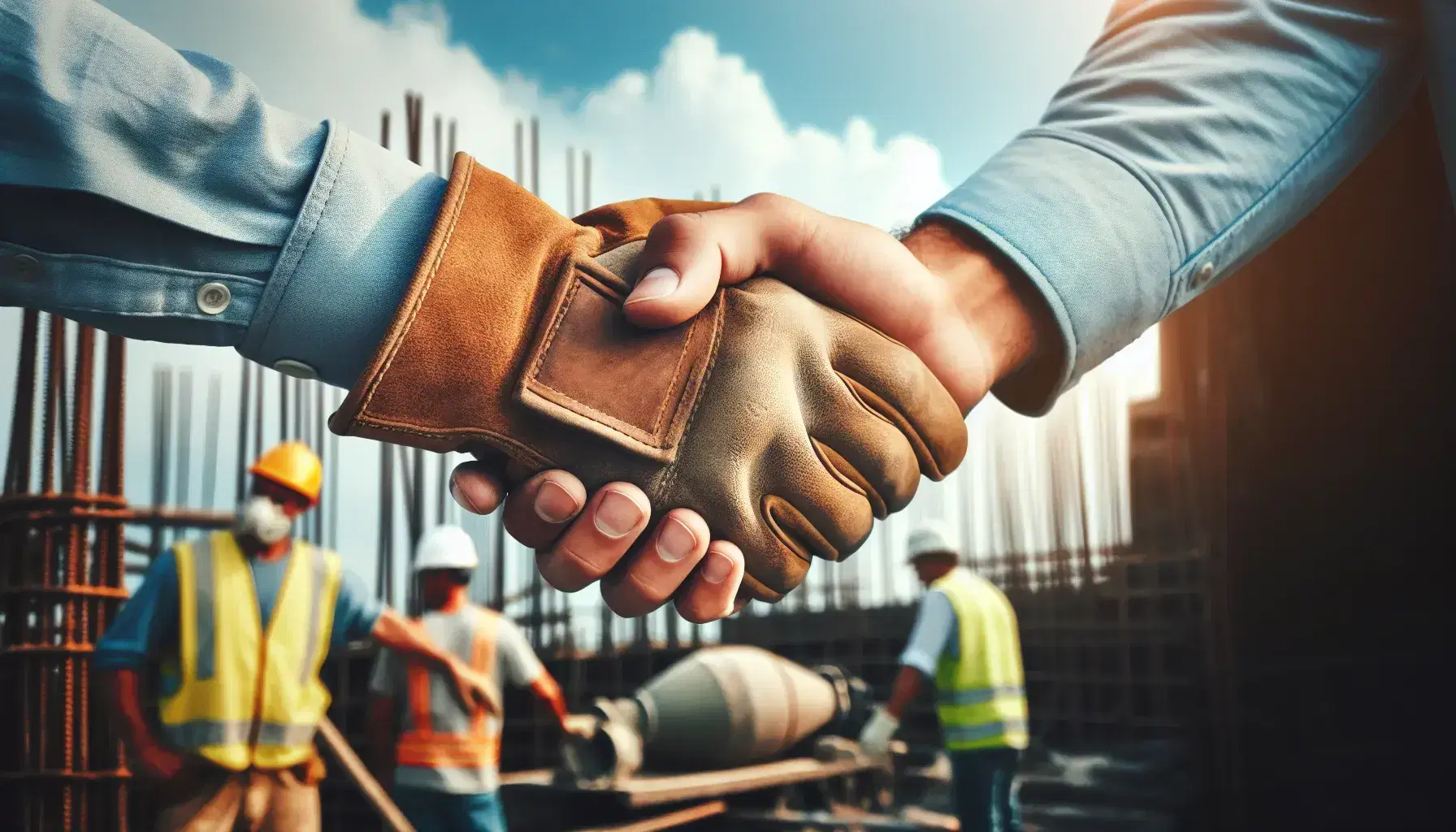 Apretón de manos entre un trabajador con guante de cuero y un profesional en camisa azul claro, con un sitio de construcción y obreros al fondo en un día soleado.