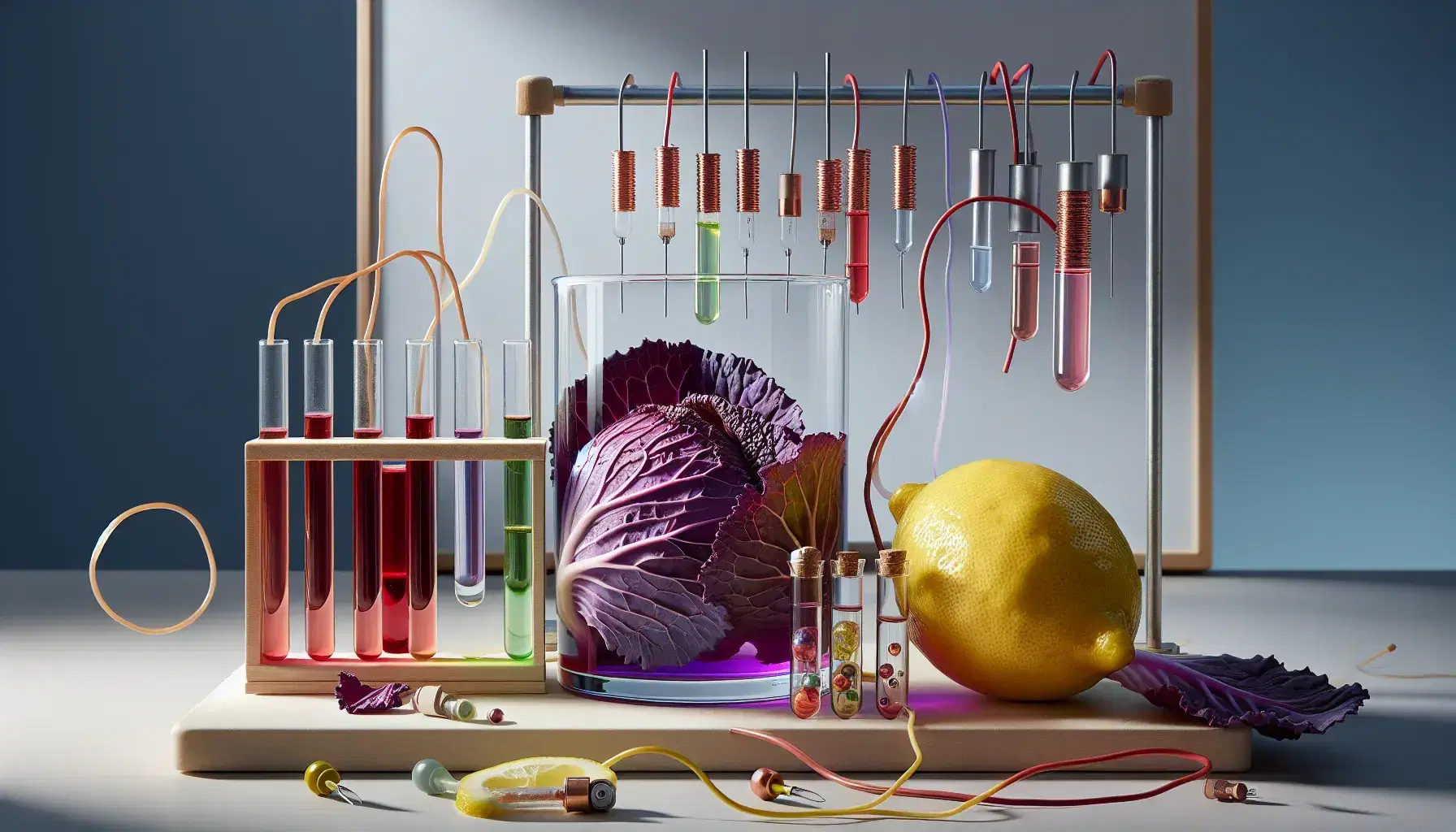Banco laboratorio con foglie cavolo rosso, bicchiere soluzione viola, tubi prova colori pH, limone con elettrodi e fili elettrici.