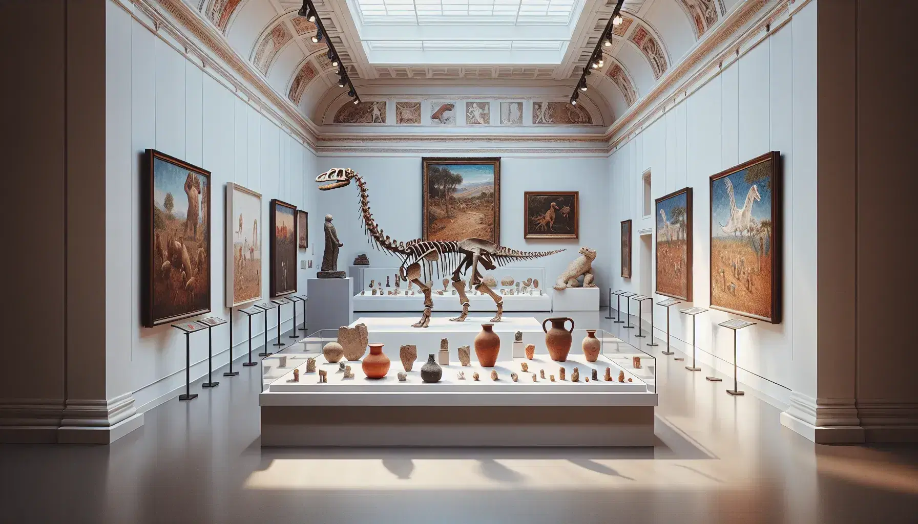 Galleria museale illuminata con vetrina di reperti archeologici, scheletro di dinosauro, quadri vari e modello anatomico umano.