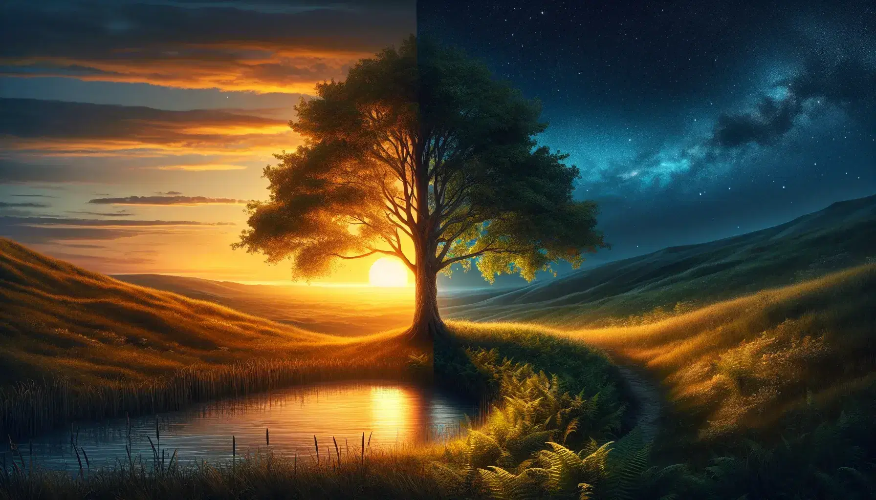 Natural landscape with sunset and night, tree divided into light and shadow, reflections of sky in a pond, day and night fauna.