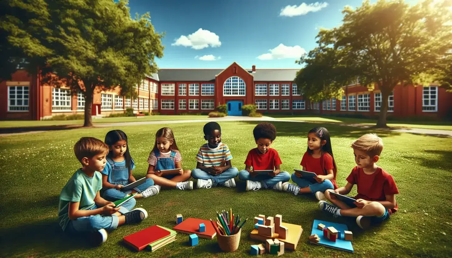 Diverse group of elementary children engaged in outdoor learning activities on a green lawn by a red brick school, under a clear blue sky.