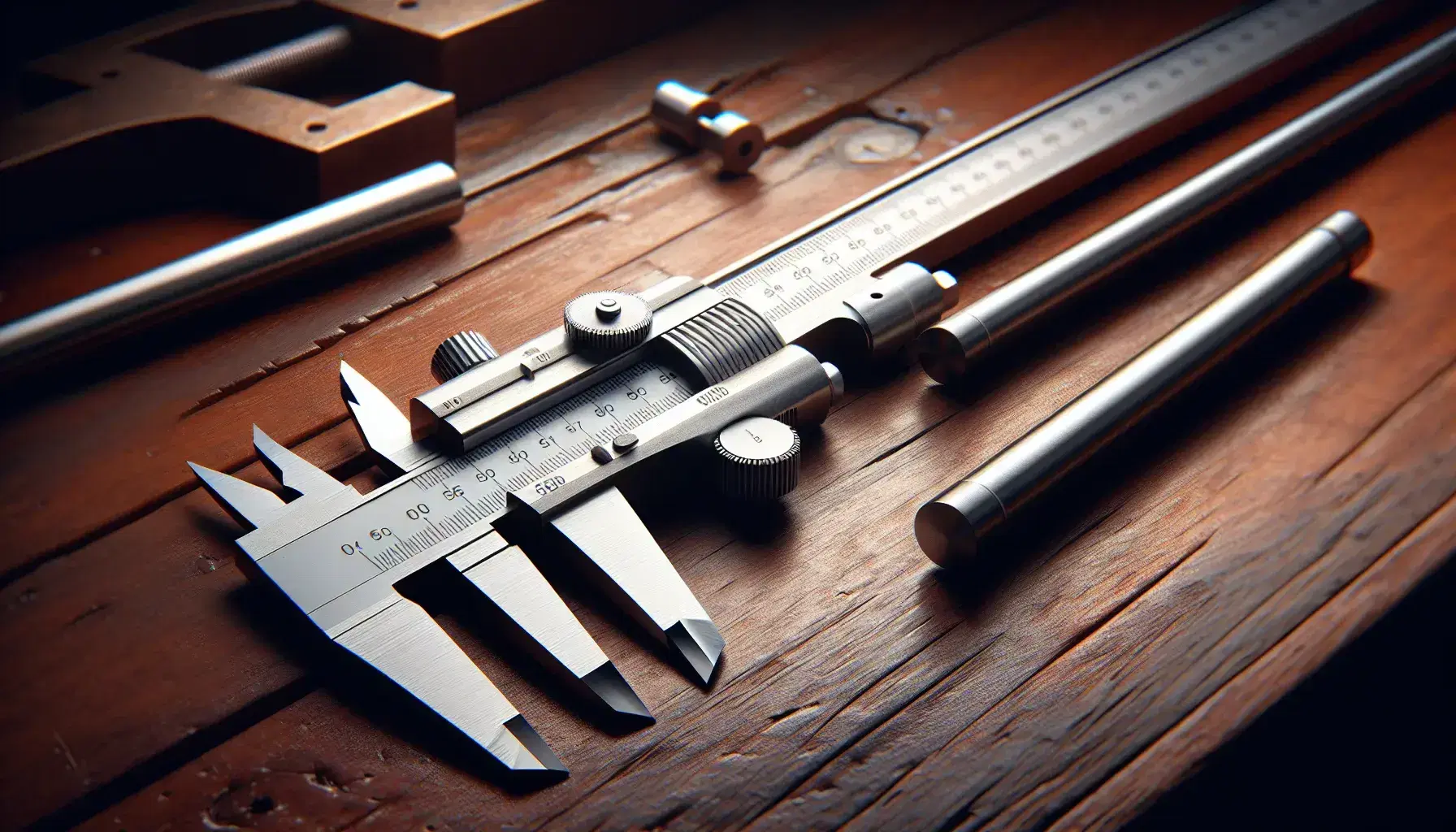 Close-up view of an open stainless steel vernier caliper on a wooden workbench beside a cylindrical metal rod, with soft lighting and blurred workshop background.