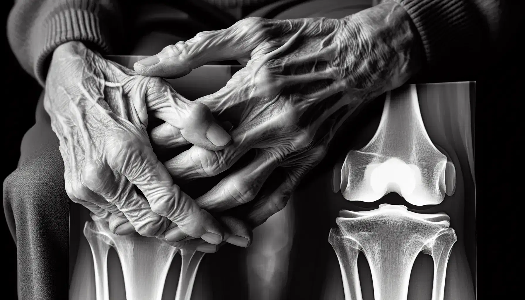 Manos entrelazadas de persona mayor con venas y tendones visibles, piel arrugada y manchas de la edad, sobre fondo con radiografía de rodilla.