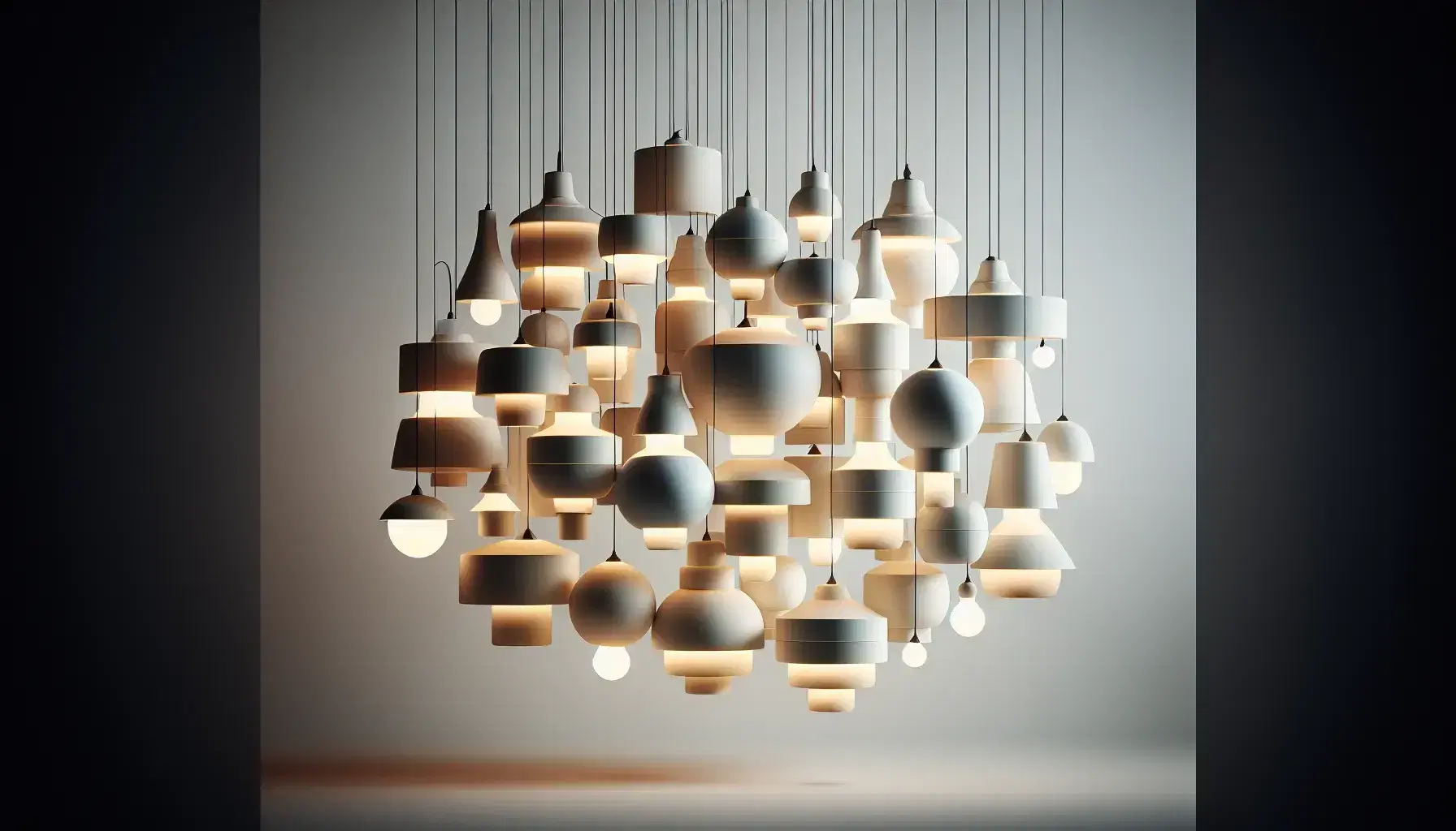 Lámparas colgantes con formas geométricas variadas, esferas, conos y cilindros, en tonos de blanco y gris, suspendidas a diferentes alturas y emitiendo una luz suave.