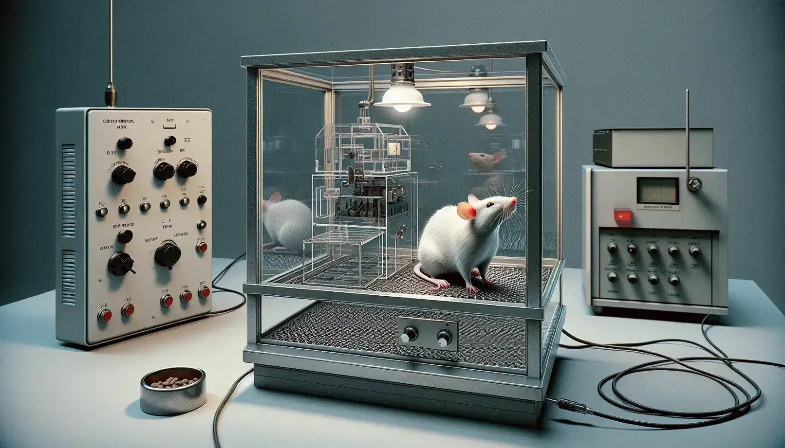 Laboratory with Skinner operant conditioning chamber, white rat ready to enter, gray control panel with knobs and switches.
