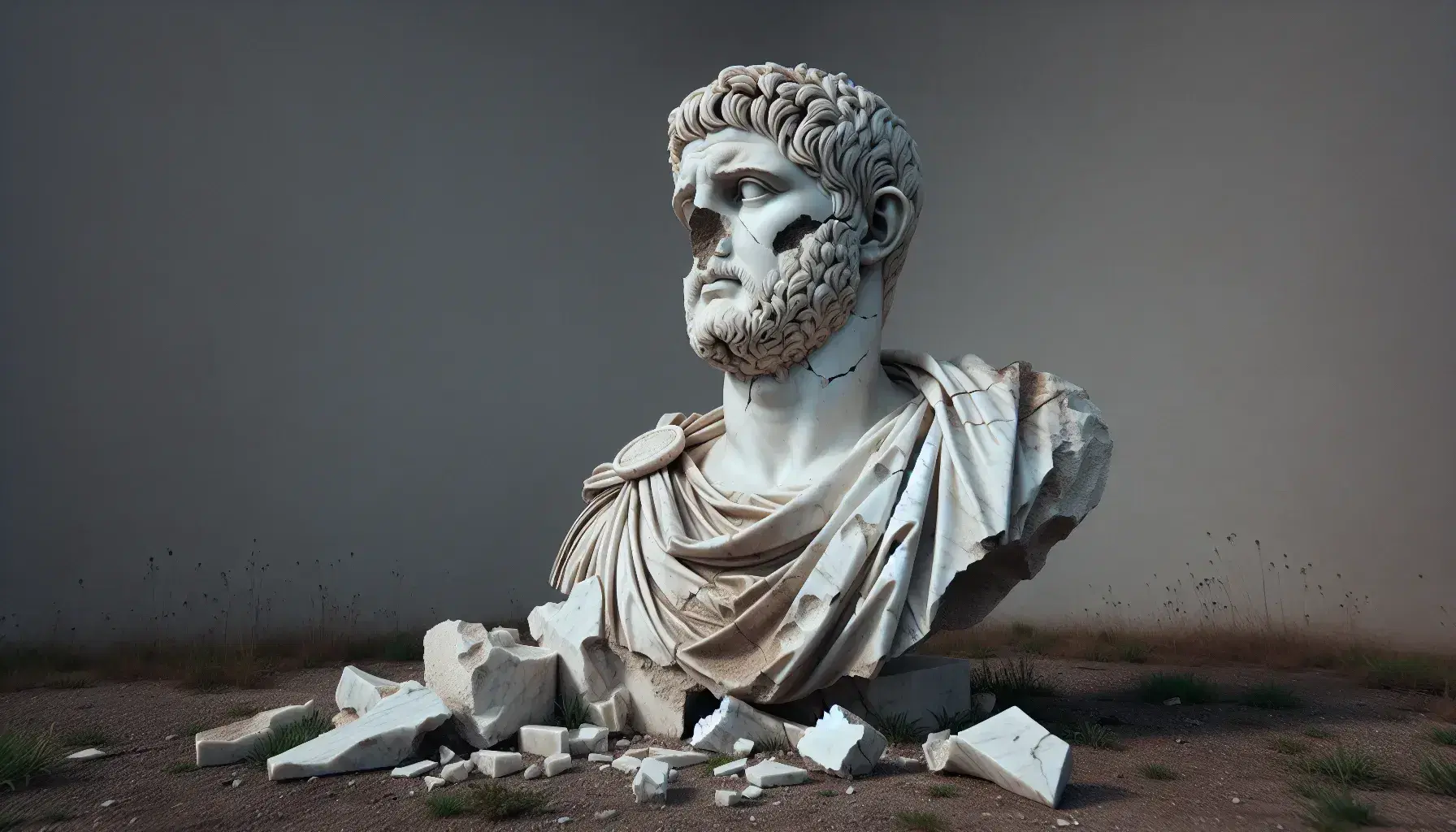 Busto marmoreo eroso di imperatore romano con dettagli capelli e barba finemente scolpiti, su sfondo naturale.