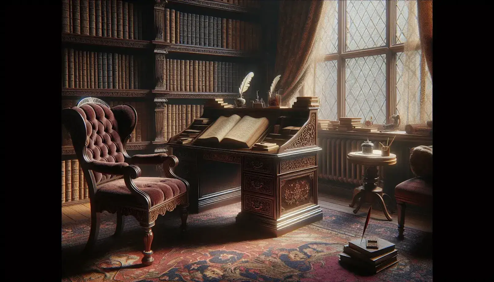 Victorian study with mahogany desk, open book, quill, inkwell, burgundy armchair, Persian rug, and bookshelf with leather-bound books.
