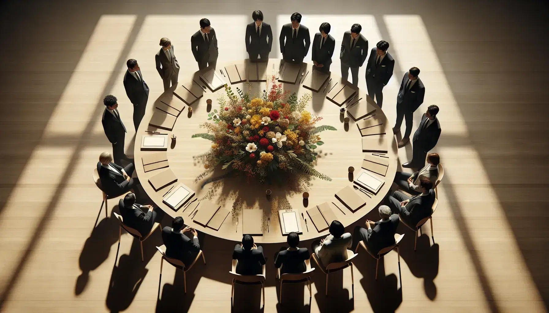 Grupo de profesionales en reunión formal alrededor de una mesa redonda con arreglo floral y carpetas neutras bajo iluminación natural.