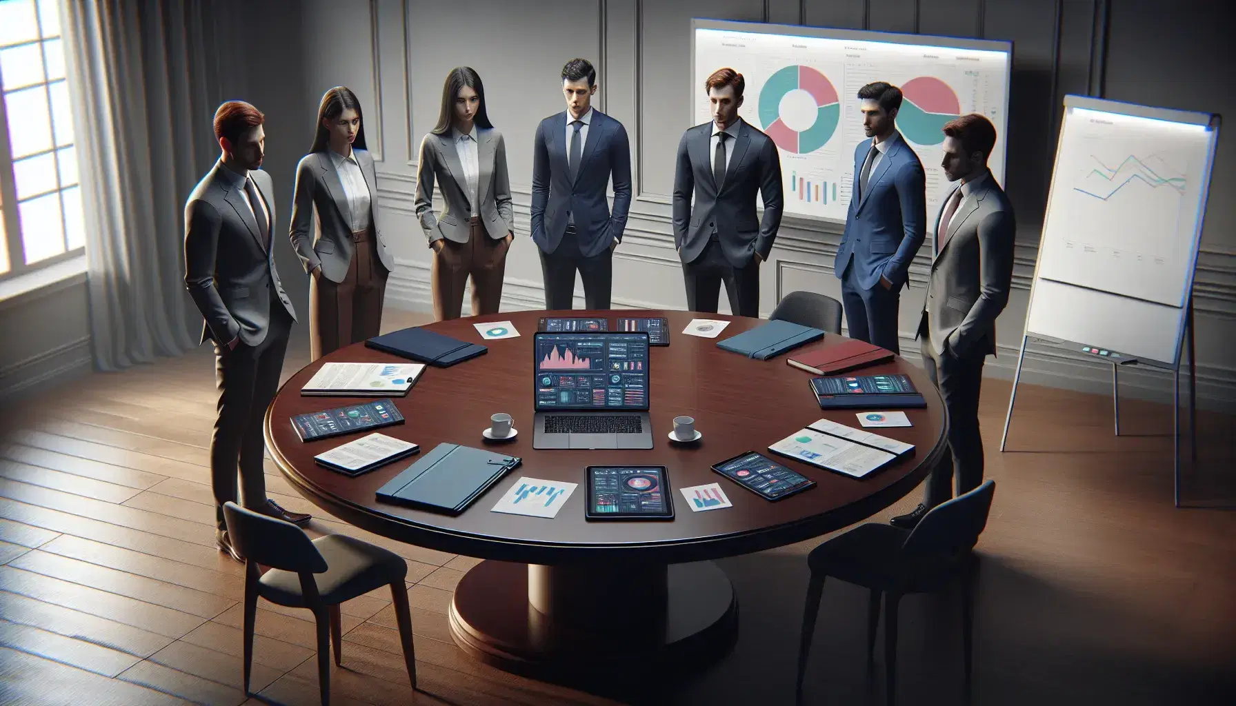 Grupo de cinco profesionales en reunión alrededor de una mesa redonda con un portátil, tabletas y papeles, en un entorno de oficina iluminado.