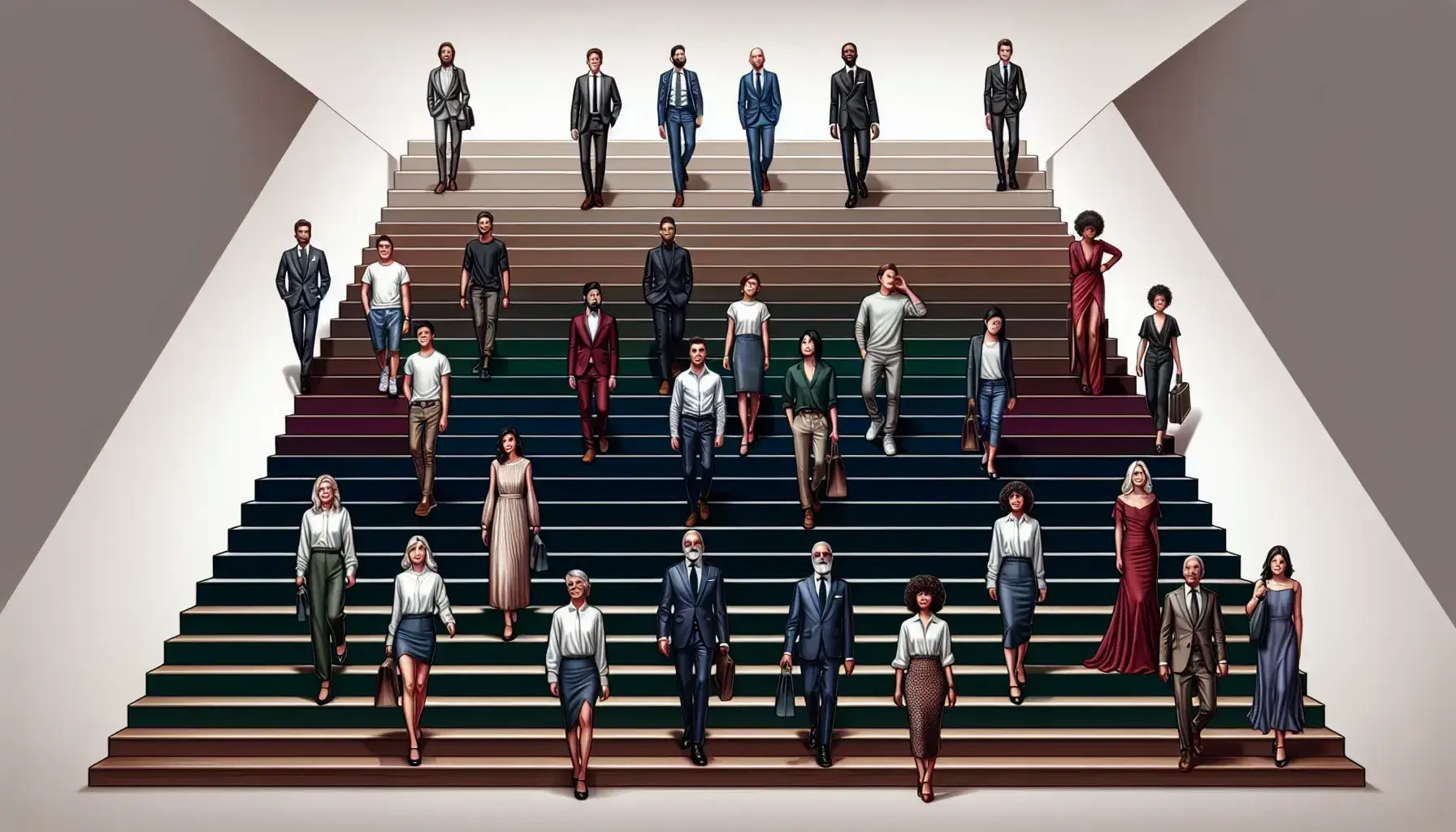 Wide six-level staircase with people of different ages and ethnicities, dressed in styles ranging from casual to formal, on light stone steps with dark wood handrails.