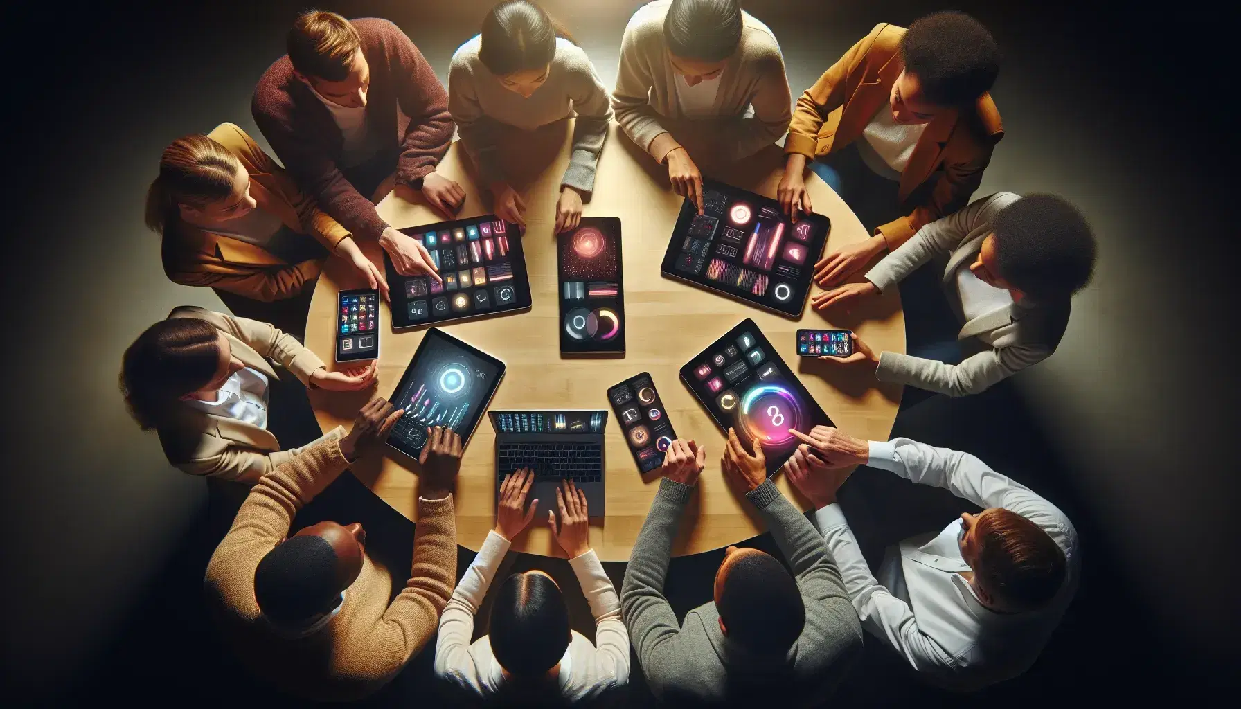 Grupo diverso de personas interactuando con dispositivos electrónicos modernos en una mesa redonda, reflejando concentración y curiosidad.