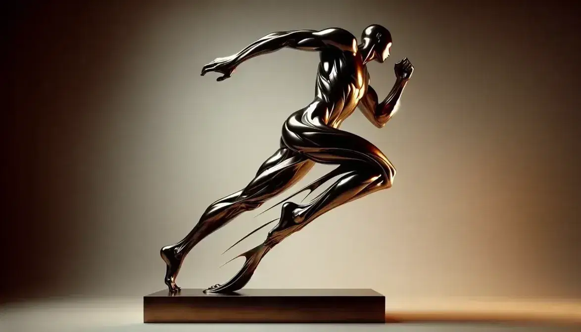 Scultura futurista in bronzo ispirata a "Forme uniche della continuità nello spazio", con figura umana astratta in movimento su piedistallo neutro.