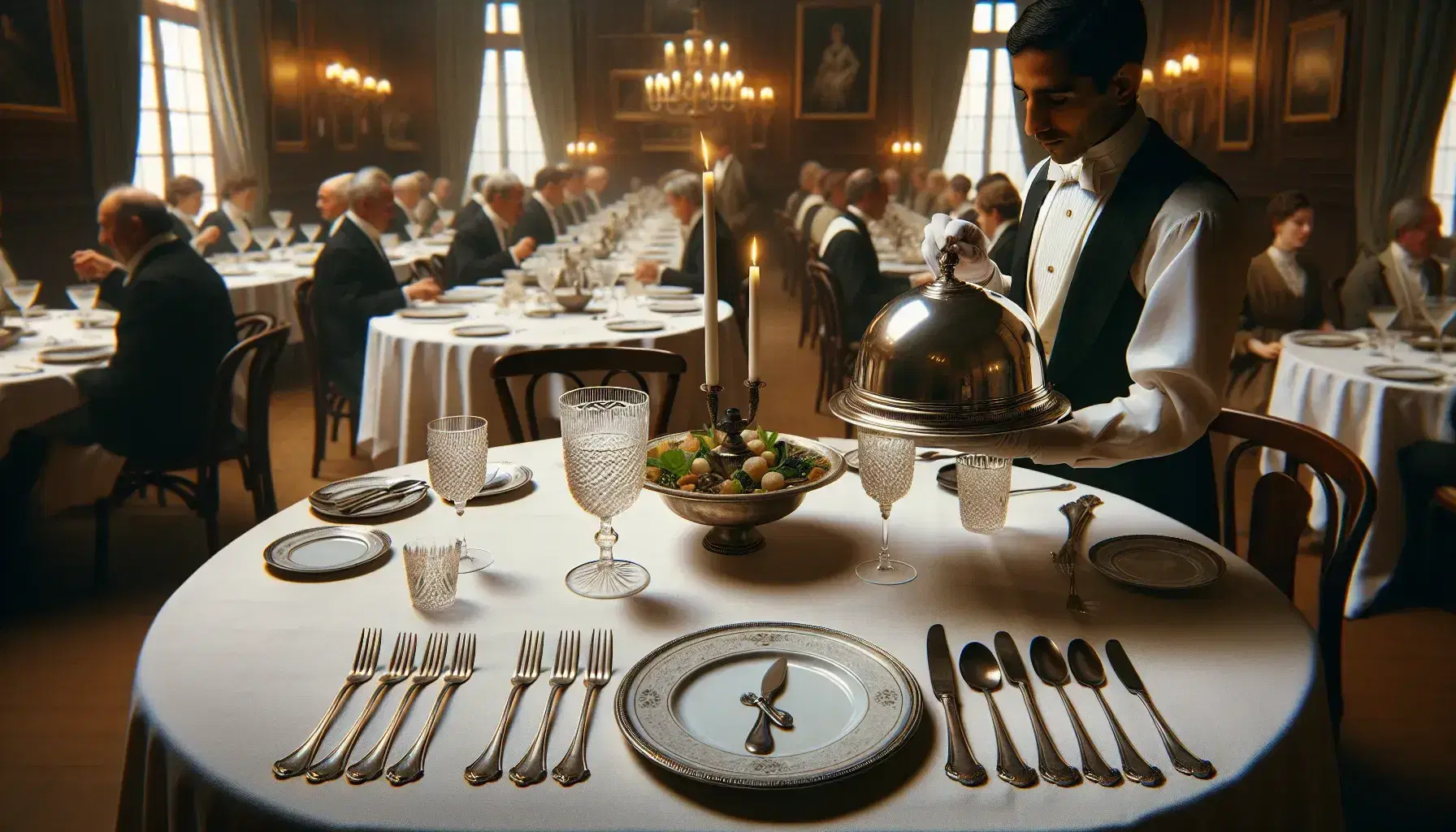Elegant French restaurant interior with a waiter presenting a dish under a silver cloche, fine dining table setting, and patrons conversing in soft lighting.