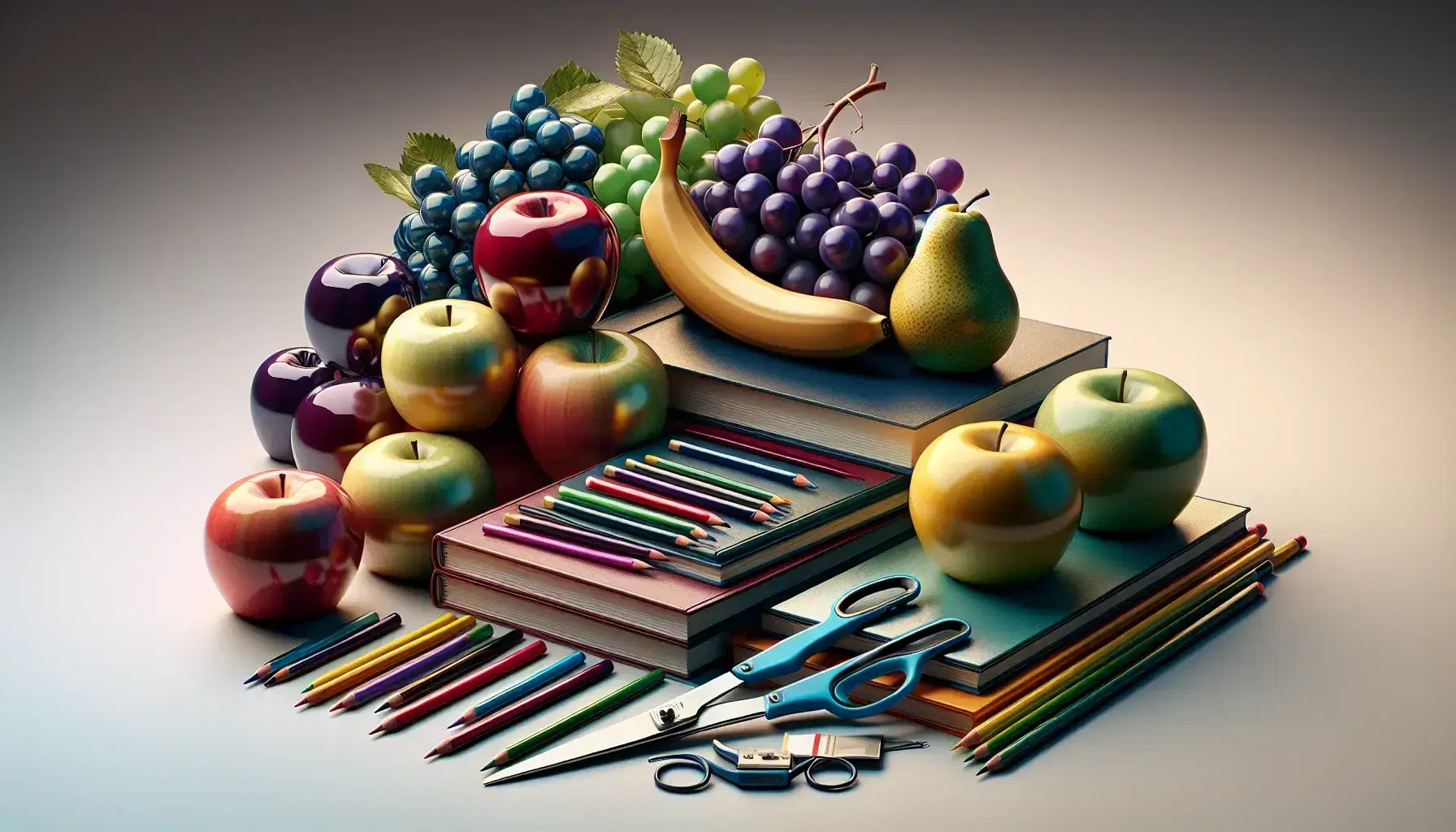 Frutta assortita con mela rossa e verde, uva, banana matura e pera, accanto a forbici blu, libri colorati impilati e matite colorate, pianta in vaso terracotta.