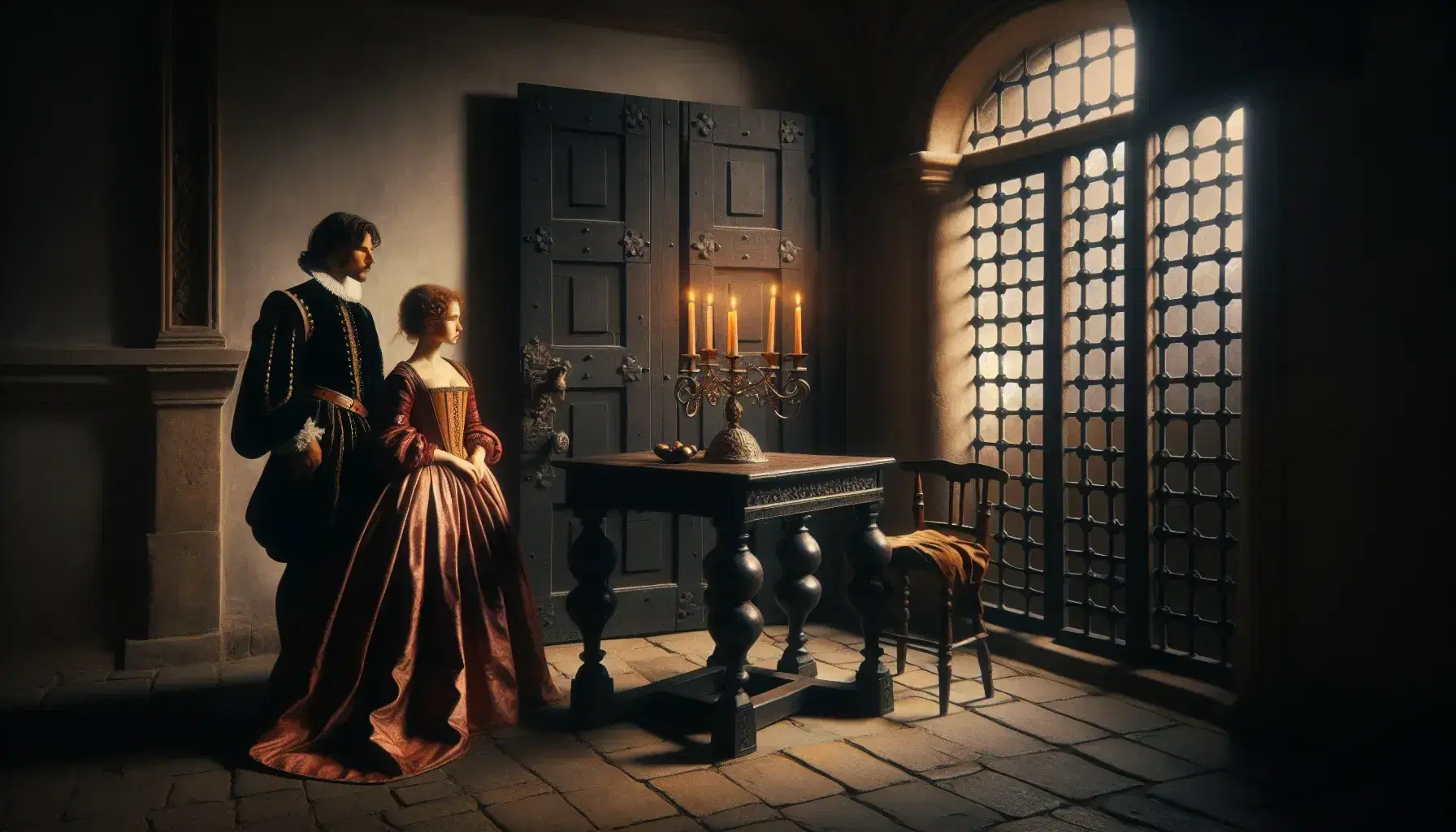 Escena renacentista con hombre y mujer en atuendos de época en habitación con paredes de piedra, mesa con bolsa y candelabro, y ventana con rejas.