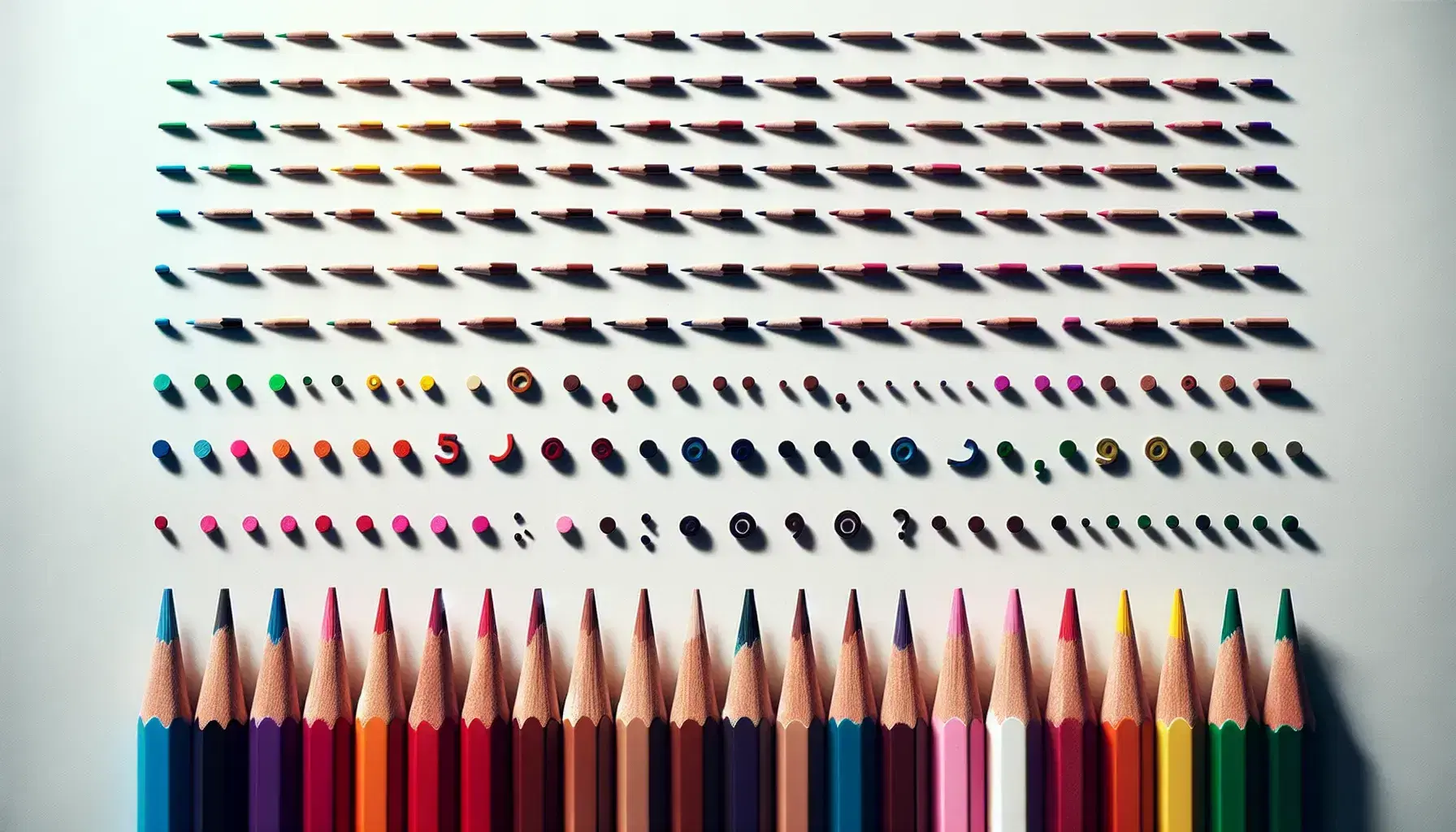 Lápices de colores alineados con puntas afiladas hacia la derecha y signos de puntuación dibujados en frente sobre fondo blanco.