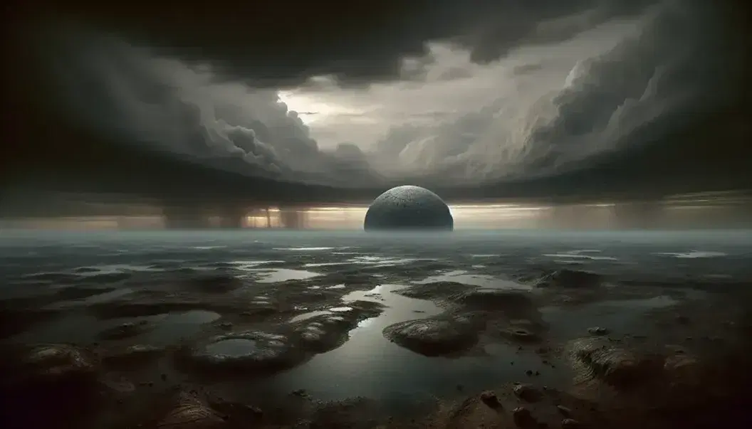 Paesaggio alieno con cielo grigio nuvoloso e terreno roccioso con pozze d'acqua, struttura semisferica danneggiata al centro.