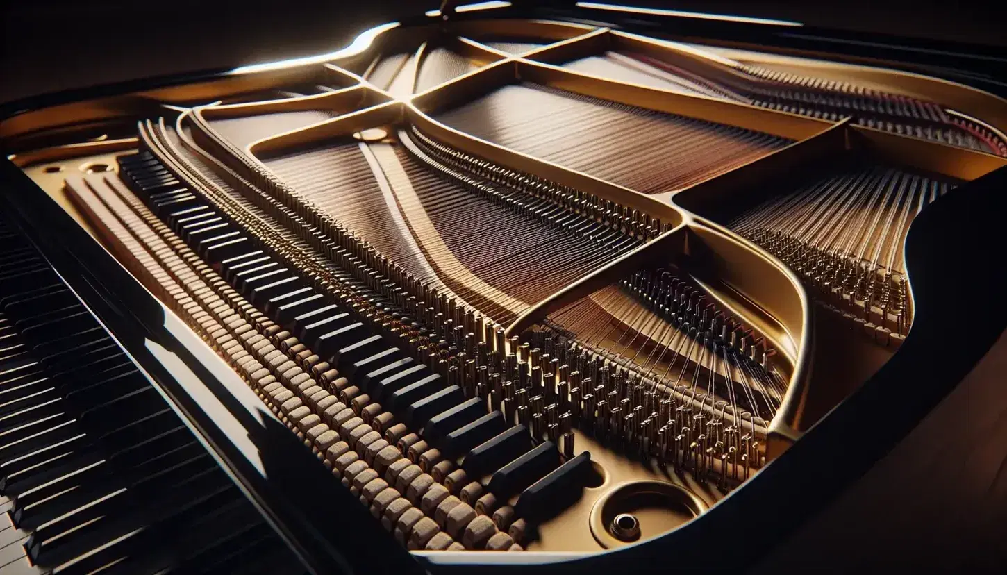 Close-up view of a grand piano interior, highlighting the string arrangement, felt hammers, and glossy black frame with gold tuning pins.