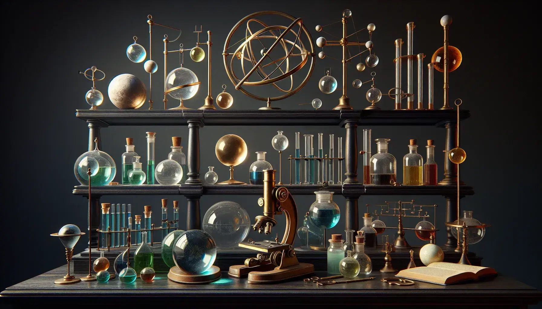 Estante de madera oscura con esferas de vidrio, microscopio antiguo, frascos con líquidos coloridos, modelo del sistema solar y antiguos instrumentos de medición.